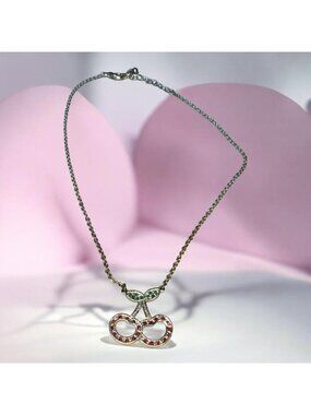 Cherry Pendant Necklace With Red & Green Stones 16-Inch Chain Elegant Design For